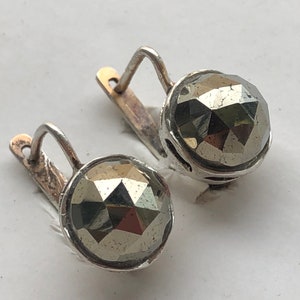 Antique Art Deco 1930&#39;s Real Silver Marked Dome Rose Diamond Cut Real Golden Pyrite Earrings