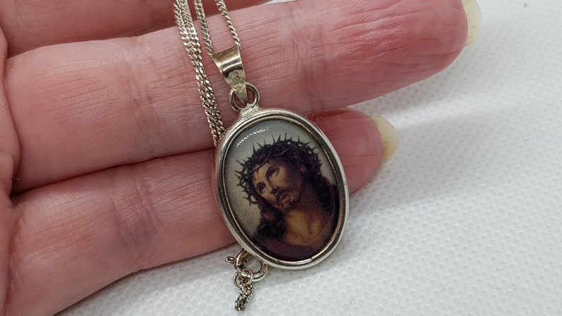 Antique Sterling Silver Double Sided Oval /'JESUS /& MARY/' Religious Pendant Chain Necklace