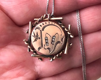 Antique 1800's Victorian Aesthetic Era Rolled Gold Swallow Bird Reed Plant Seed Pearls Unusual Design Pendant(without Chain)