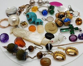 Set: Antique Vintage Sterling Silver Gold Metal Wood Mother Of Pearl Shell Amber Glass Items