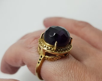 Antique 1930's Art Deco Gold Plated Brass Large Faceted Amethyst Glass Ring