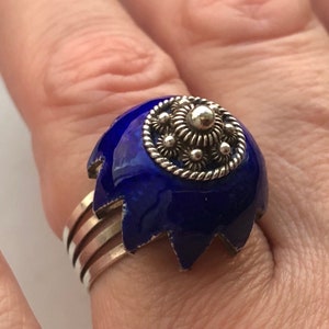 RARE! Antique 1930&#39;s Art Deco Sterling Silver Blue Enamel Dome Beautiful! Ring