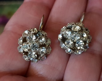 Vintage Silver Color Metal 1/2 Round Czech Sparkling Diamante Glass Paste Dangle Earrings