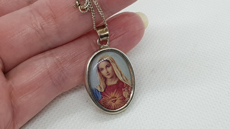 Antique Sterling Silver Double Sided Oval /'JESUS /& MARY/' Religious Pendant Chain Necklace