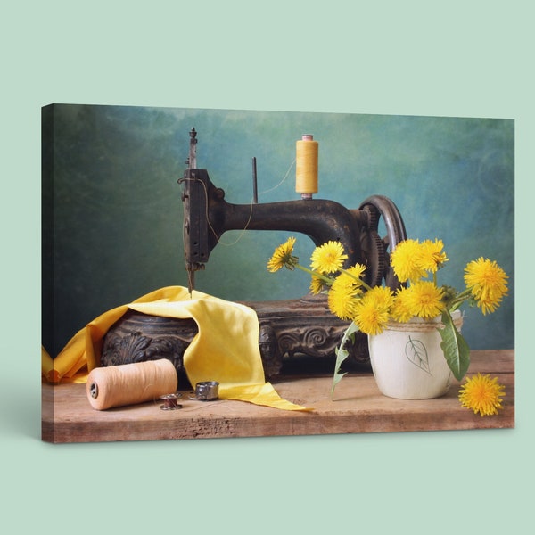 Sewing Room Print On Canvas, Vintage Sewing Machine and Wild Flowers, Craft Room Print, Sewing Room Wall Art, Sewing Home Decor, Seamstress