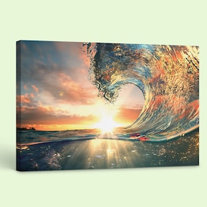 May include: A large wave breaking over the ocean at sunset. The wave is backlit by the sun, creating a colourful, iridescent effect. The water is a deep blue, and the sky is a vibrant orange and pink.