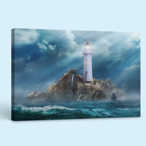 May include: A white lighthouse stands tall on a rocky island, illuminated by its own light. The sky is a dramatic mix of dark clouds and light blue, with a hint of mist rolling in. The ocean is a deep blue, with waves crashing against the shore.