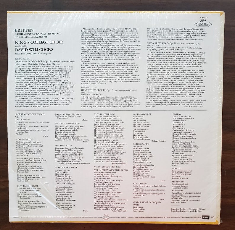 PRISTINE Britten Ceremony of Carols LP, Vintage Vinyl Record Album, King's College Cambridge. Orig Shrink, Classical Music Christmas Gift image 6