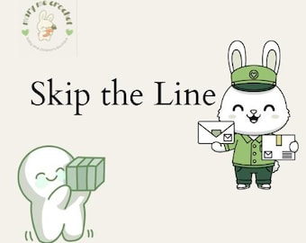 May include: An illustration with the text "Skip the Line". It features a cartoon bunny dressed as a mail carrier holding envelopes and a package. A small cartoon figure holds a package.