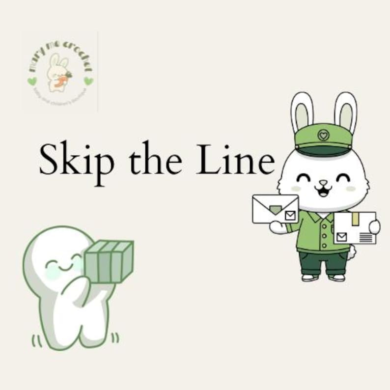 Puede incluir: Ilustraci&oacute;n con el texto "Skip the Line". Presenta un conejo de dibujos animados vestido de cartero sosteniendo sobres y un paquete. Una peque&ntilde;a figura de dibujos animados sostiene un paquete.