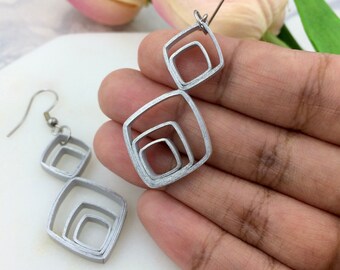 Square silver drop earrings, Quilling jewelry, 1st anniversary gift for wife, Geometric Art Deco earrings, 30th birthday gift for her