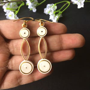 Long white Geometric earrings dangle best friend gift, office wear minimalist jewelry 30th birthday gift for her, two circle dangle earrings image 1
