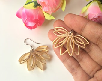 Gold flower statement earrings birthday gift for her, Boho bridal earrings handmade jewelry, Paper Quilling Bohemian gold statement earrings