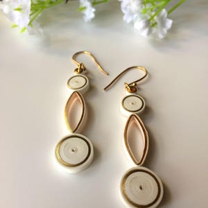 Long white Geometric earrings dangle best friend gift, office wear minimalist jewelry 30th birthday gift for her, two circle dangle earrings zdjęcie 5