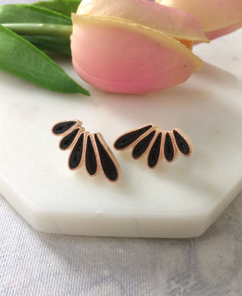 Black Aesthetic earrings Gift for her, Flower Boho Statement earrings Bridesmaid gift, Lightweight paper quilling jewelry, Handmade jewelry image 1