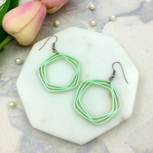 Light green earrings, Quilled jewelry, 21st birthday gift for her, pentagon statement earrings,1st anniversary gift for wife, Paper quilling image 4