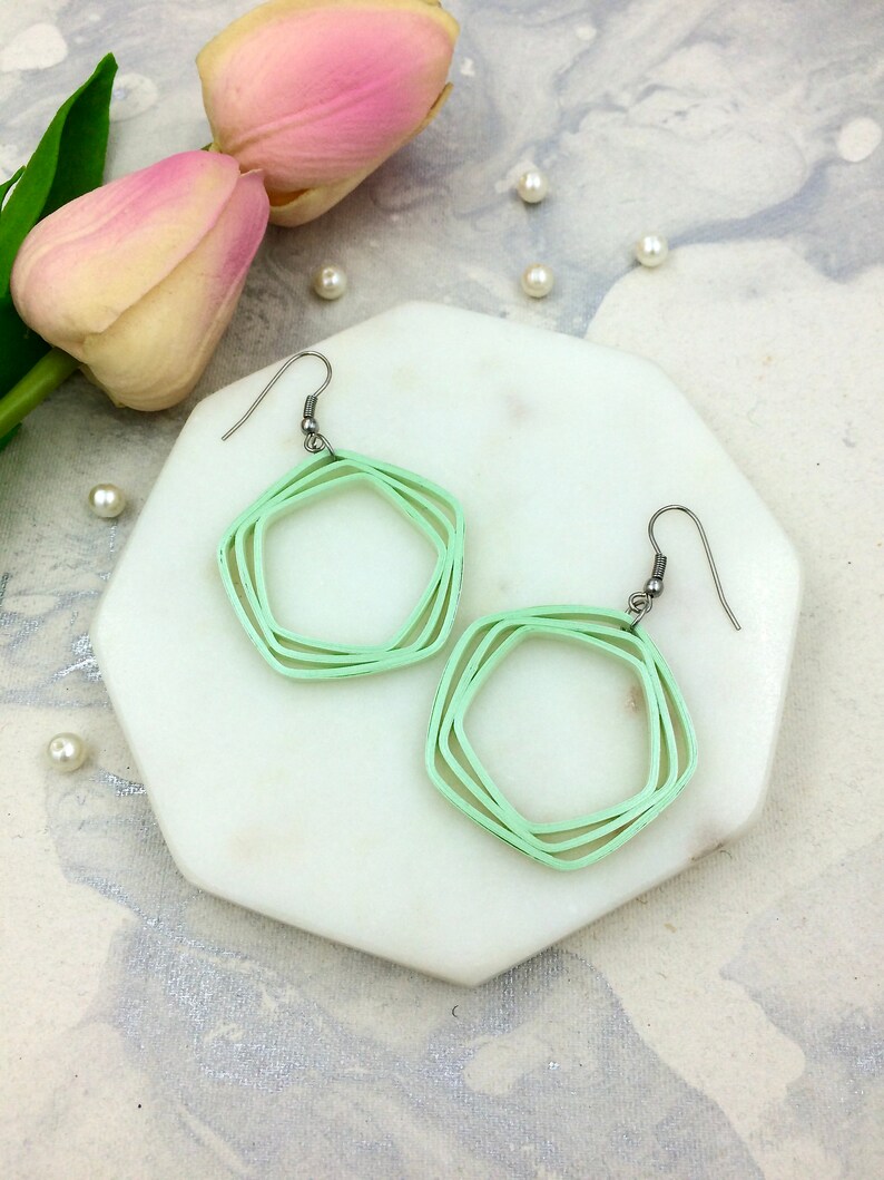 Light green earrings, Quilled jewelry, 21st birthday gift for her, pentagon statement earrings,1st anniversary gift for wife, Paper quilling image 4