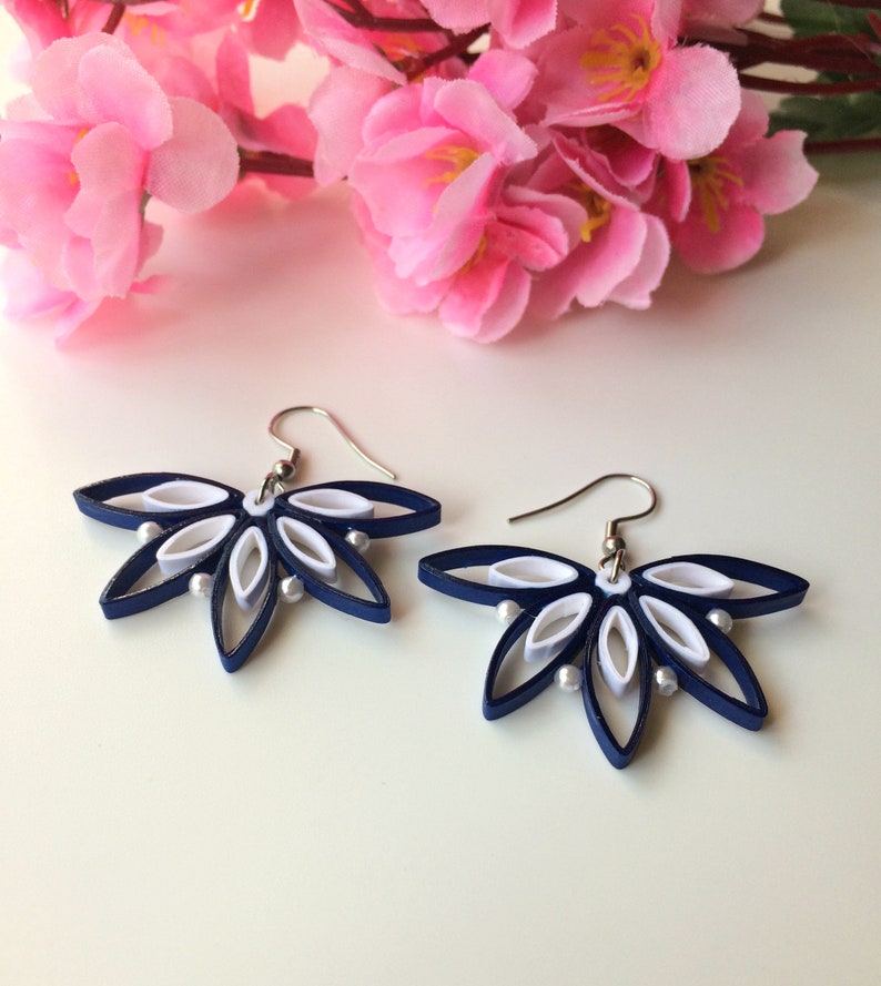 Blue Statement Flower Earrings, Quilling Jewelry, 1st Anniversary Gift