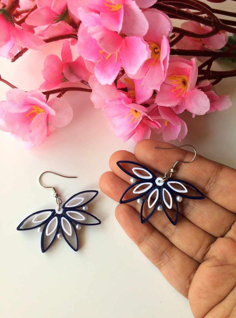 Blue Statement Flower Earrings, Quilling Jewelry, 1st Anniversary Gift