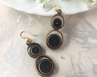 Black modern earrings, Paper quilling jewelry, first anniversary gift for her, Statement double circle earrings, 21st birthday gift