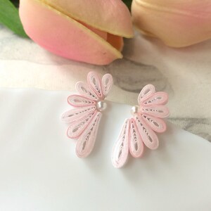 Flower statement earrings Valentines day gift for her, Unique stud earrings Pink Bridesmaid gift, Boho jewelry for women, Paper Quilling image 4