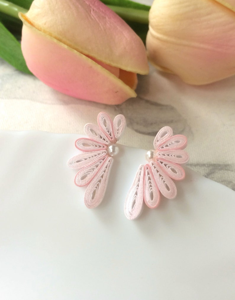 Flower statement earrings Valentines day gift for her, Unique stud earrings Pink Bridesmaid gift, Boho jewelry for women, Paper Quilling image 4