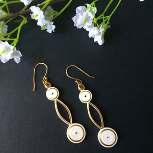 Long white Geometric earrings dangle best friend gift, office wear minimalist jewelry 30th birthday gift for her, two circle dangle earrings zdjęcie 6