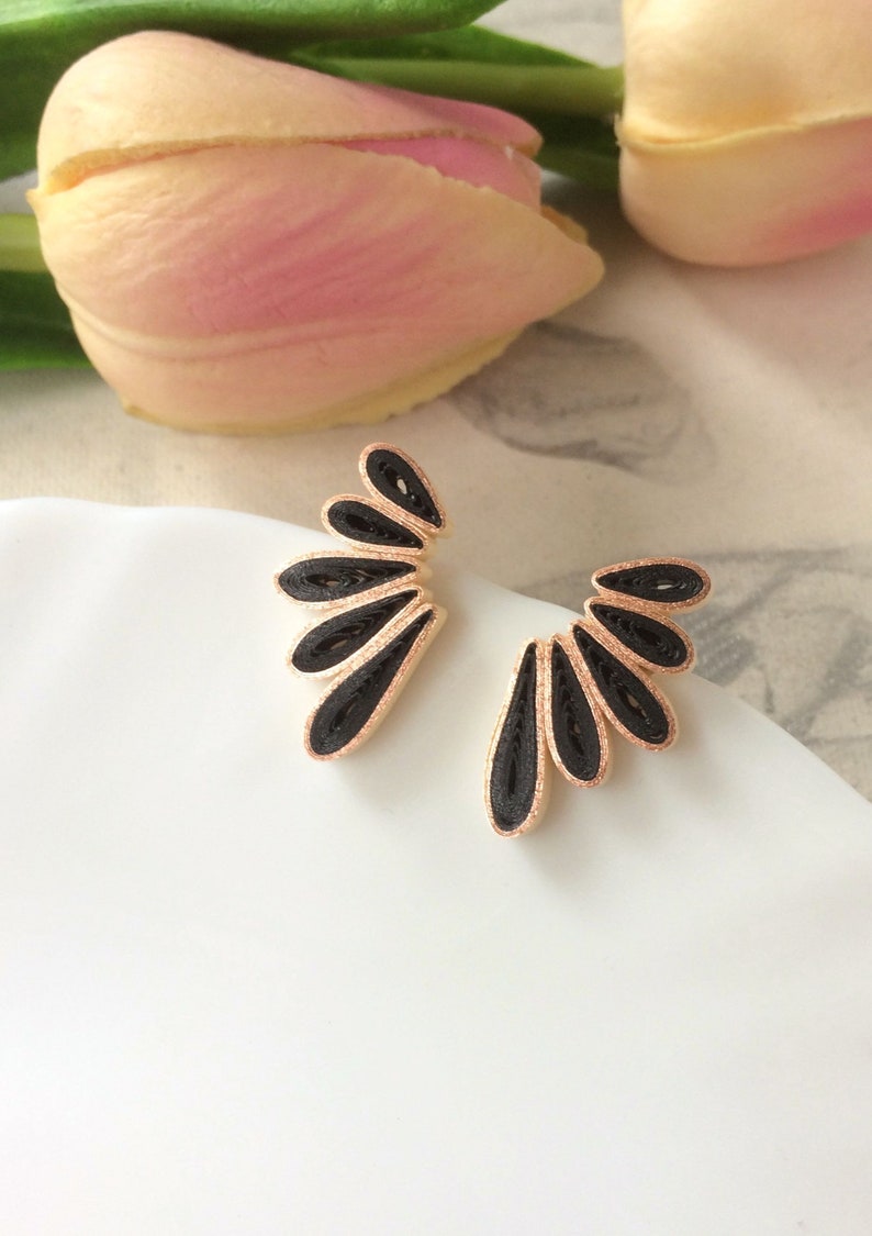 Black Aesthetic earrings Gift for her, Flower Boho Statement earrings Bridesmaid gift, Lightweight paper quilling jewelry, Handmade jewelry image 4
