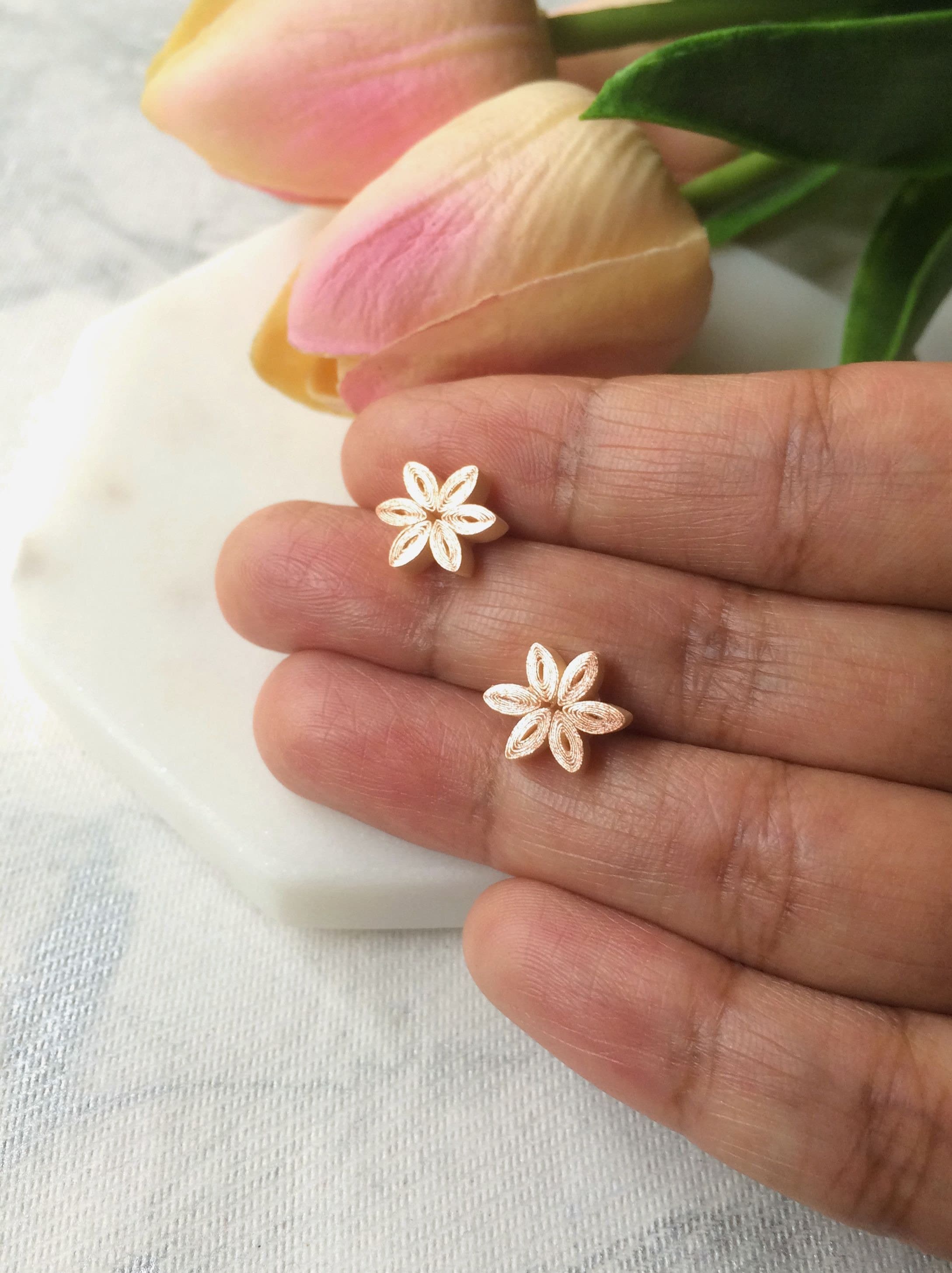 Rose Gold Tiny Stud Earrings Quilling Jewelry 21st Birthday Gift