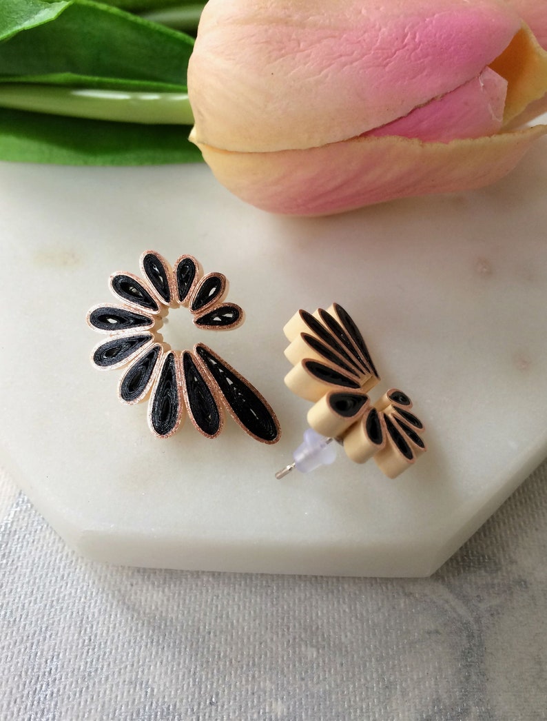 Black Aesthetic earrings Gift for her, Flower statement earrings bridesmaid gift, Minimalist gothic jewelry, Paper quilling Handmade jewelry image 3