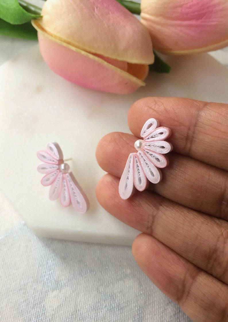 Flower statement earrings Valentines day gift for her, Unique stud earrings Pink Bridesmaid gift, Boho jewelry for women, Paper Quilling image 5