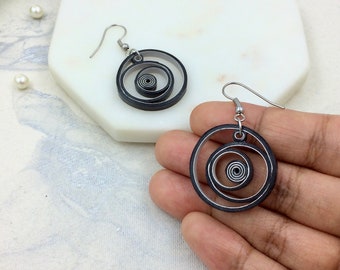 Black Quilling earrings, 21st birthday gift for her, Circle spiral earrings, Quilling jewelry, paper anniversary gift for her