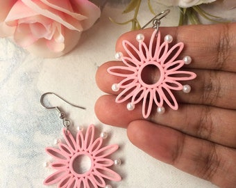 Pink flower minimalist earrings dangle best friend gift, Statement pink dangle earrings 1st Anniversary gift, Paper quilling wearable art