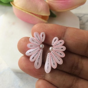 Flower statement earrings Valentines day gift for her, Unique stud earrings Pink Bridesmaid gift, Boho jewelry for women, Paper Quilling image 3