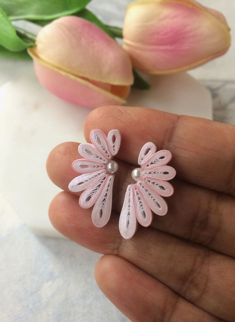 Flower statement earrings Valentines day gift for her, Unique stud earrings Pink Bridesmaid gift, Boho jewelry for women, Paper Quilling image 3