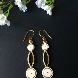 Long white Geometric earrings dangle best friend gift, office wear minimalist jewelry 30th birthday gift for her, two circle dangle earrings zdjęcie 4