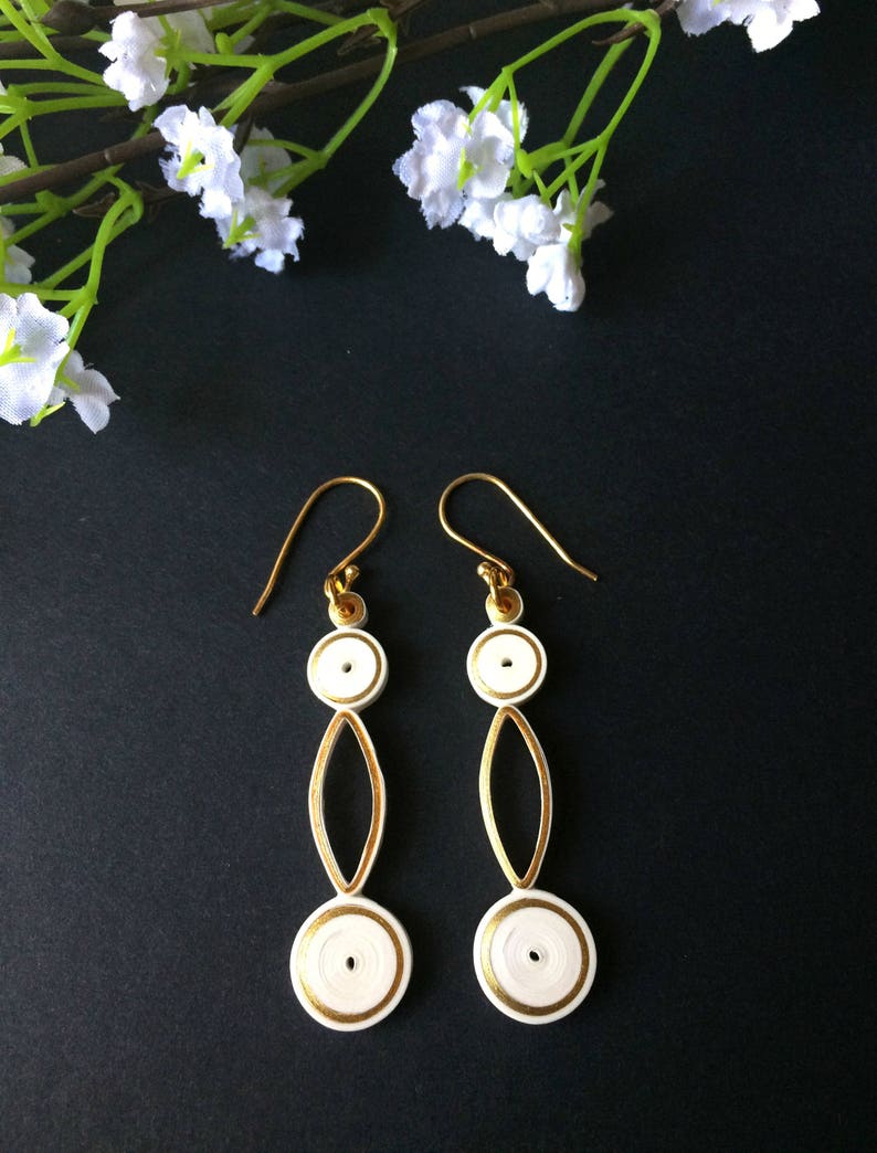 Long white Geometric earrings dangle best friend gift, office wear minimalist jewelry 30th birthday gift for her, two circle dangle earrings zdjęcie 4