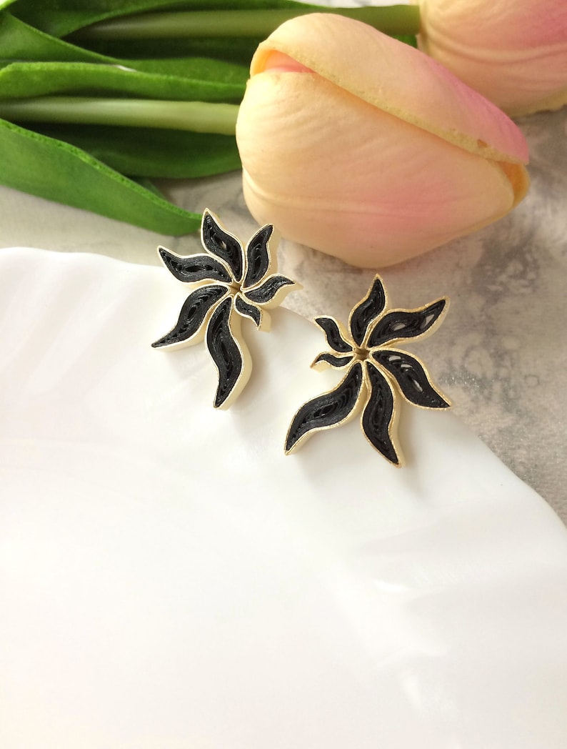 Flower statement earrings 30th birthday gift for her, Bohemian Black stud earrings handmade jewelry, Unique lightweight paper quill jewelry image 1