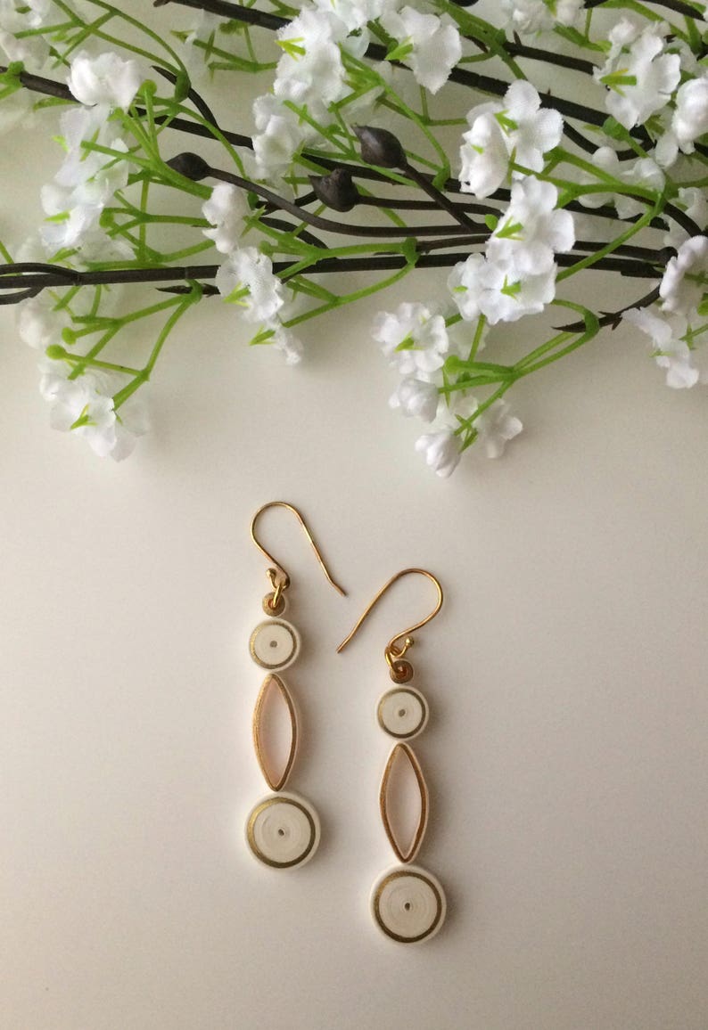 Long white Geometric earrings dangle best friend gift, office wear minimalist jewelry 30th birthday gift for her, two circle dangle earrings zdjęcie 3