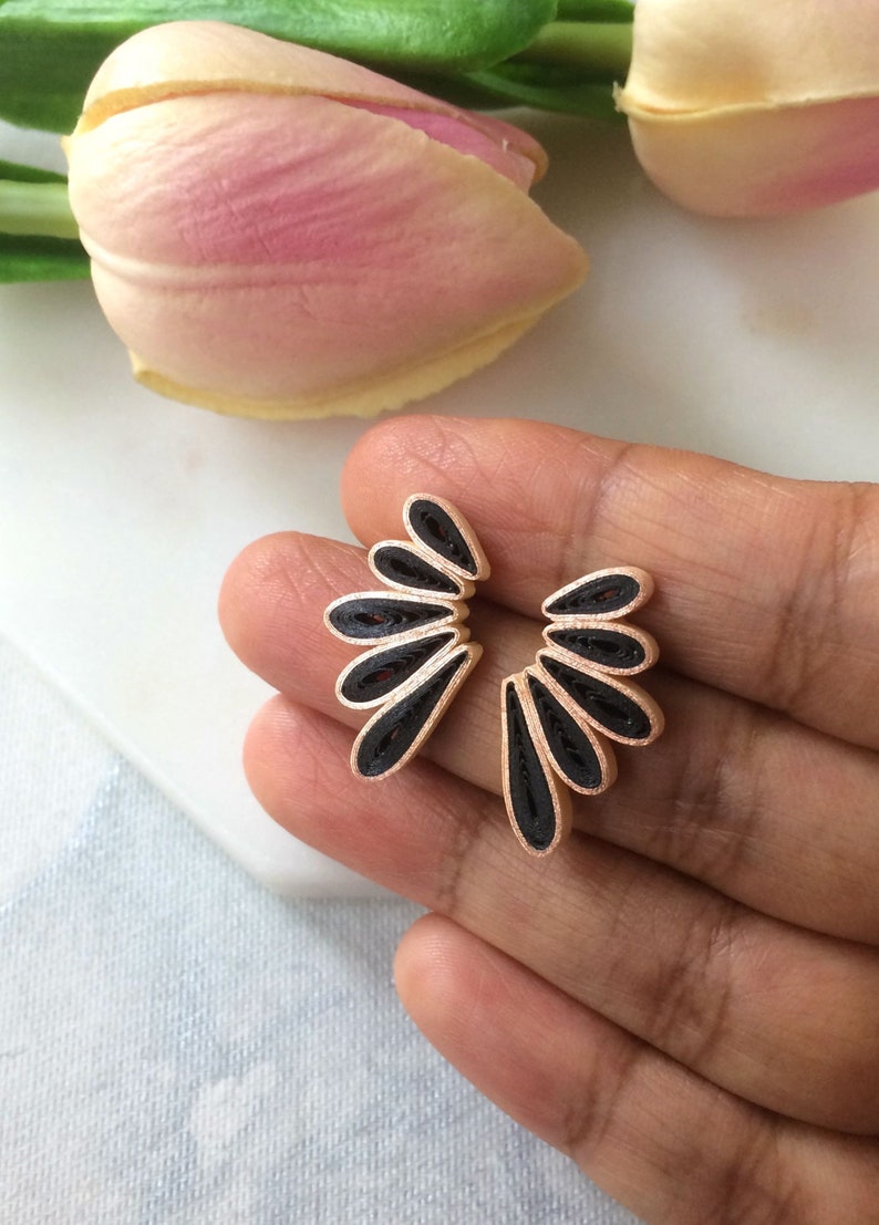Black Aesthetic earrings Gift for her, Flower Boho Statement earrings Bridesmaid gift, Lightweight paper quilling jewelry, Handmade jewelry image 5