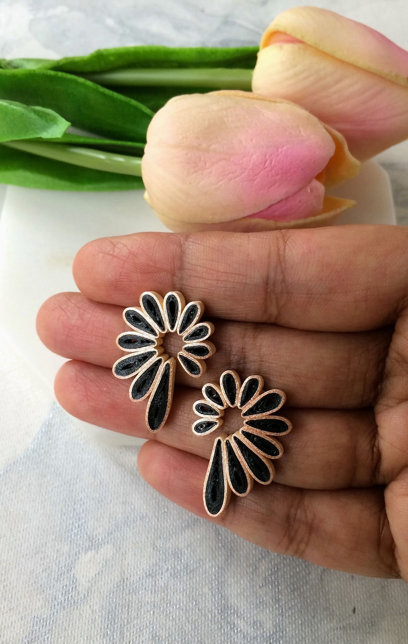 Black Aesthetic earrings Gift for her, Flower statement earrings bridesmaid gift, Minimalist gothic jewelry, Paper quilling Handmade jewelry image 2