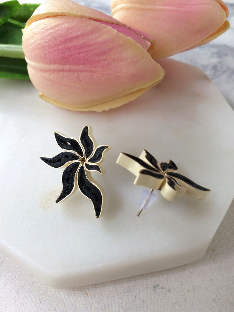 Flower statement earrings 30th birthday gift for her, Bohemian Black stud earrings handmade jewelry, Unique lightweight paper quill jewelry image 4