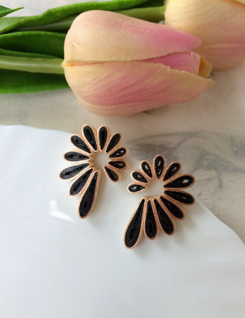 Black Aesthetic earrings Gift for her, Flower statement earrings bridesmaid gift, Minimalist gothic jewelry, Paper quilling Handmade jewelry image 1