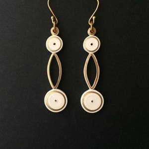 Long white Geometric earrings dangle best friend gift, office wear minimalist jewelry 30th birthday gift for her, two circle dangle earrings zdjęcie 2