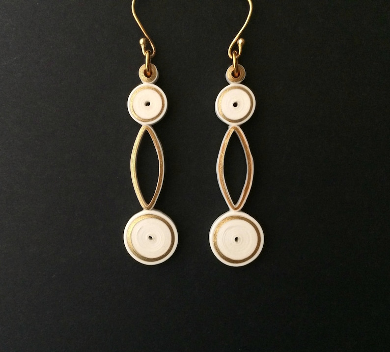 Long white Geometric earrings dangle best friend gift, office wear minimalist jewelry 30th birthday gift for her, two circle dangle earrings zdjęcie 2