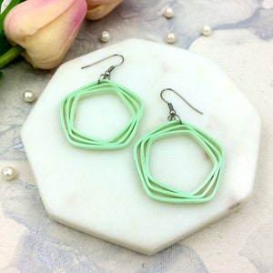 Light green earrings, Quilled jewelry, 21st birthday gift for her, pentagon statement earrings,1st anniversary gift for wife, Paper quilling image 2