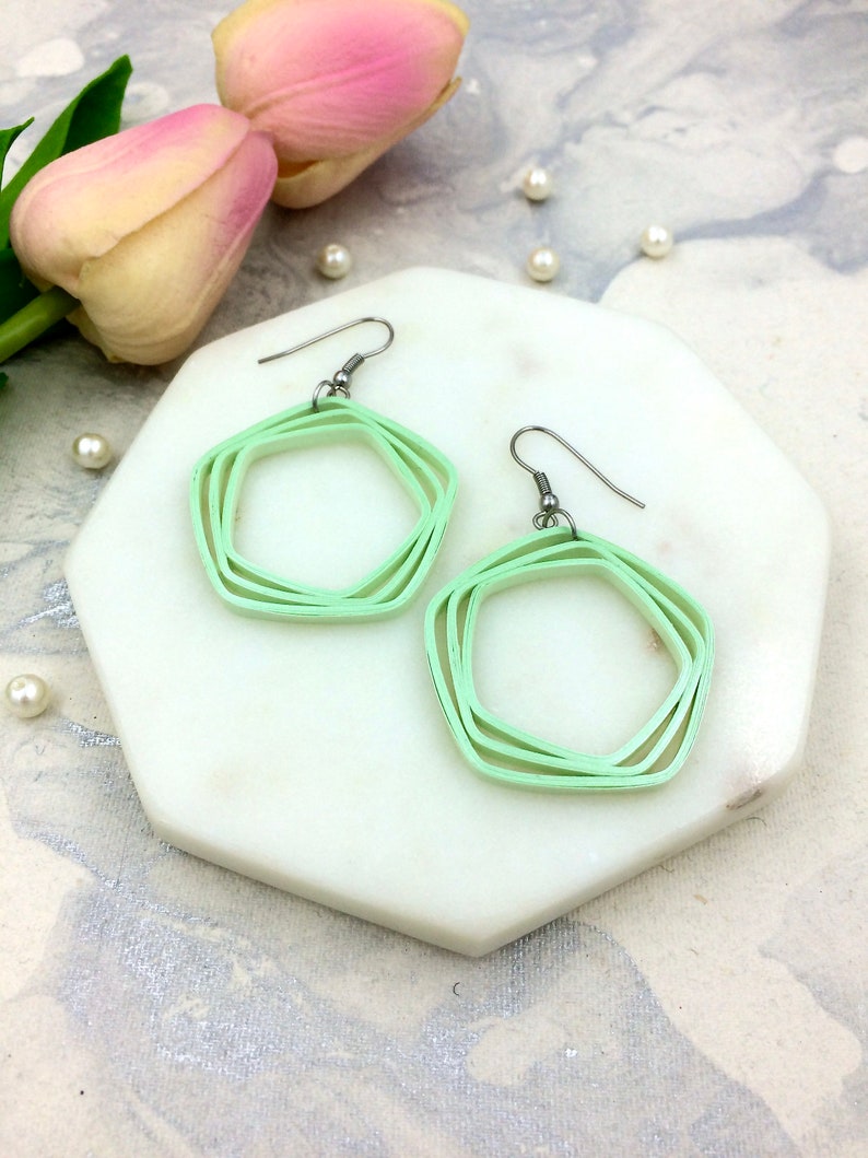 Light green earrings, Quilled jewelry, 21st birthday gift for her, pentagon statement earrings,1st anniversary gift for wife, Paper quilling image 2