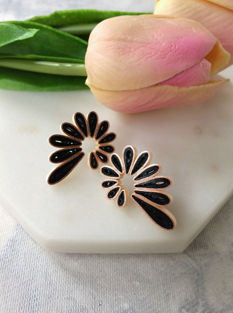 Black Aesthetic earrings Gift for her, Flower statement earrings bridesmaid gift, Minimalist gothic jewelry, Paper quilling Handmade jewelry image 6