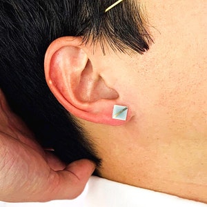Tiny Square Porcelain Stud Earrings in Glossy Aqua Blue Glaze with Gold Diagonal Line Design – Geometric Porcelain Jewelry