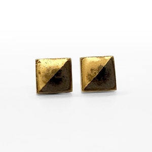 Tiny Square Porcelain Stud Earrings in Metallic Black Glaze with a Gold Dip Design – Geometric Porcelain Jewelry